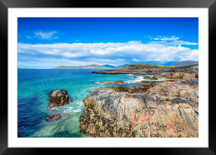 Sunny blue skies over the rocky shore at Seilebost Framed Mounted Print by Helen Hotson