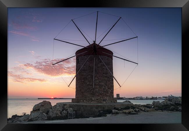 Rhodes Windmill Facade at Sunrise Framed Print by Antony McAulay