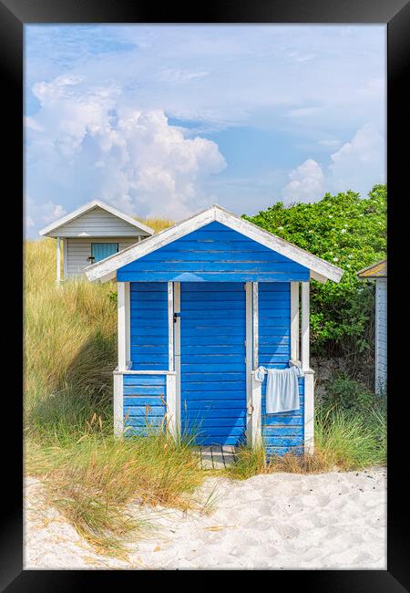 Skanor Beach Hut in Blue and White Framed Print by Antony McAulay