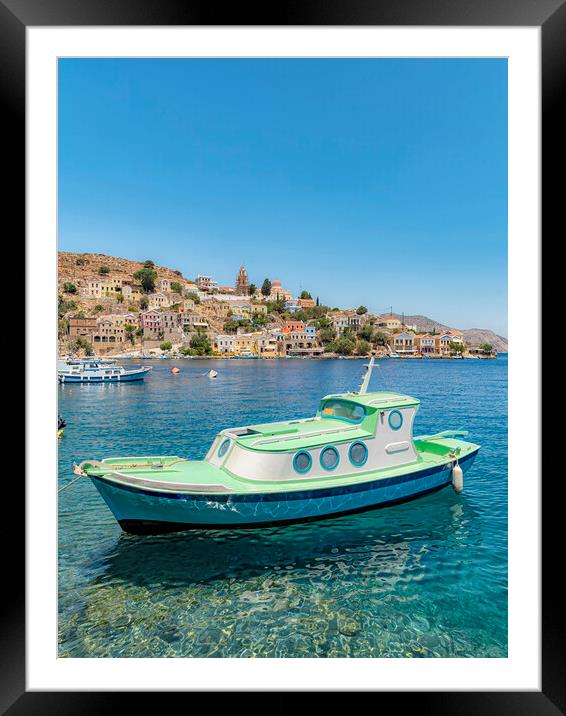 Symi Greek Island Gorgona Boat Framed Mounted Print by Antony McAulay