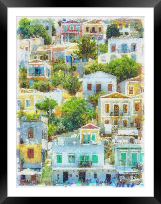 Symi Greek Island Houses Digital Painting Framed Mounted Print by Antony McAulay