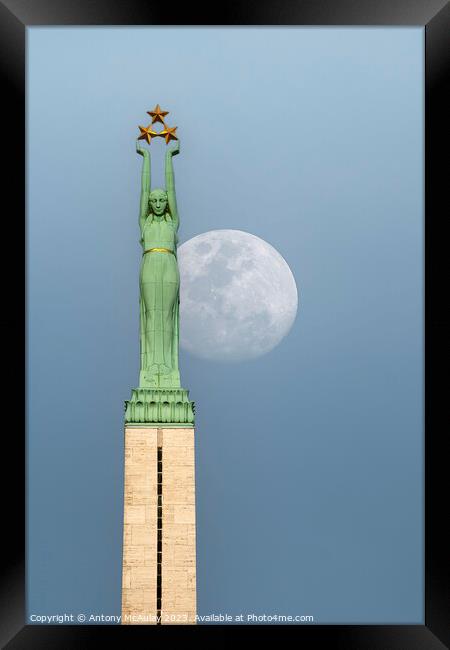 Riga Freedom Monument at Moonrise Framed Print by Antony McAulay