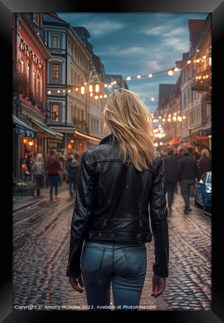 AI Generated Blonde in the City Walking Away. Framed Print by Antony McAulay