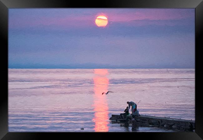 Family Fishing Sunset Digital Painting Framed Print by Antony McAulay
