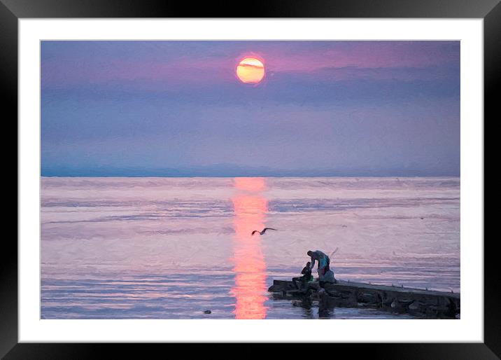 Family Fishing Sunset Digital Painting Framed Mounted Print by Antony McAulay