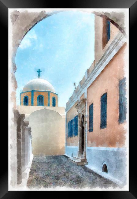 Fira catholic cathedral digital watercolor paintin Framed Print by Antony McAulay