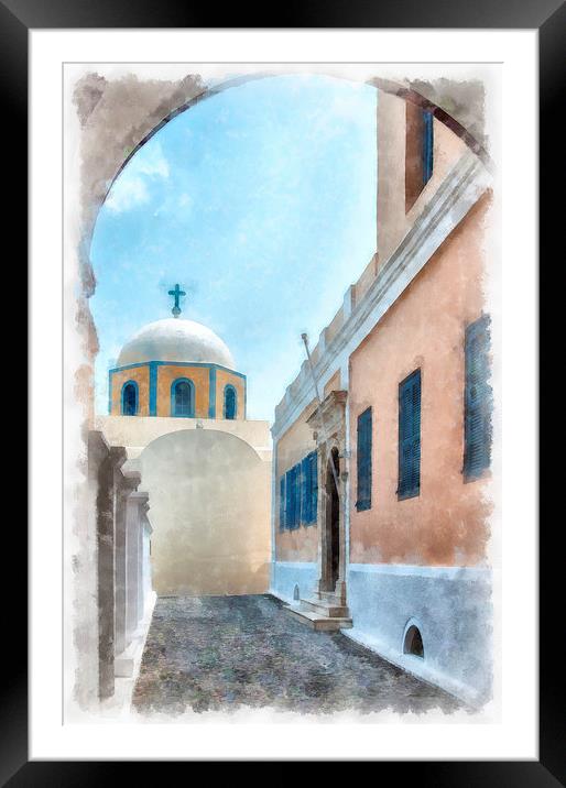 Fira catholic cathedral digital watercolor paintin Framed Mounted Print by Antony McAulay