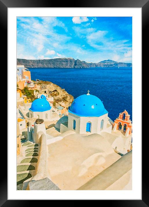 Santorini Oia Church Caldera View digital painting Framed Mounted Print by Antony McAulay