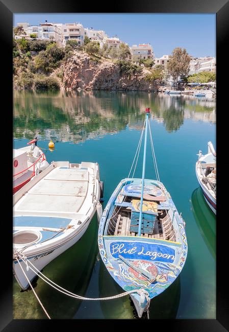 Agios Nikolaos Blue Lagoon Boat Framed Print by Antony McAulay