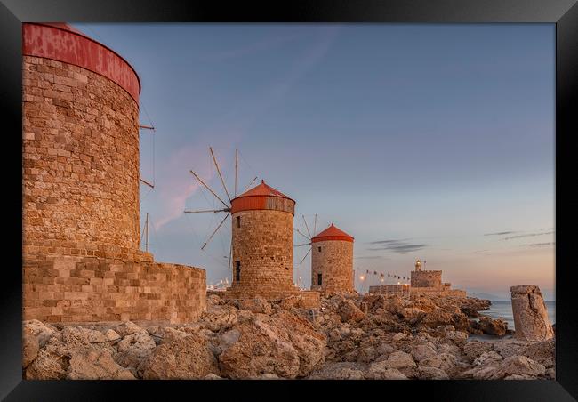 Rhodes Fort of St Nicholas and Windmills Framed Print by Antony McAulay