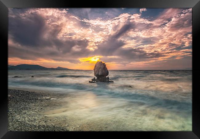 Rhodes Kato Petres Beach and Solitary Rock Framed Print by Antony McAulay