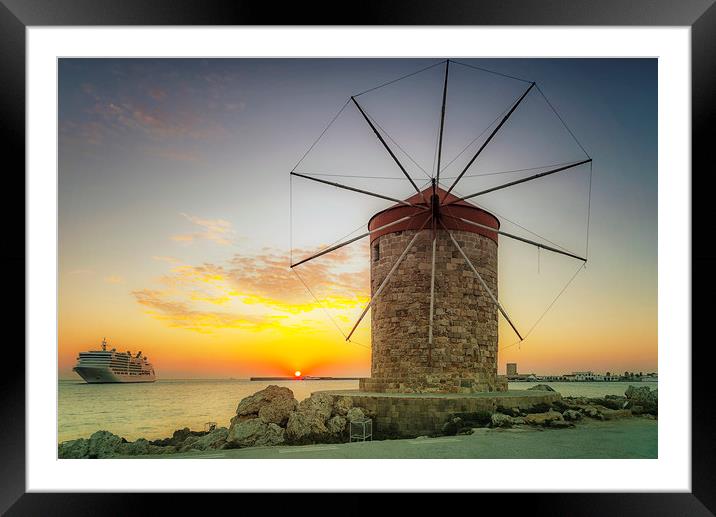 Rhodes Windmill and Cruise Ship at Sunrise Framed Mounted Print by Antony McAulay