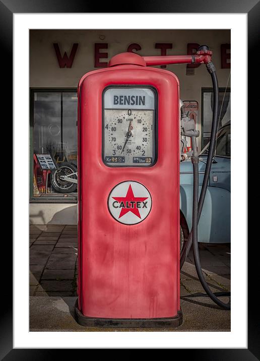 Retro Petrol Pump and Garage Framed Mounted Print by Antony McAulay