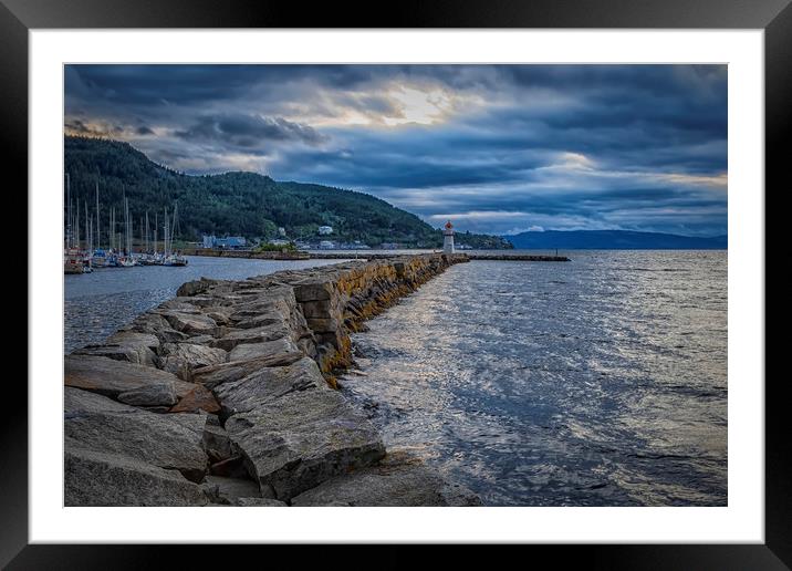 Trondheim Harbour Lighthouse at Sunset Framed Mounted Print by Antony McAulay