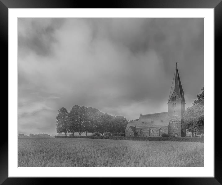 Clearing Fog at Sonnarslov Church Monochromatic Framed Mounted Print by Antony McAulay