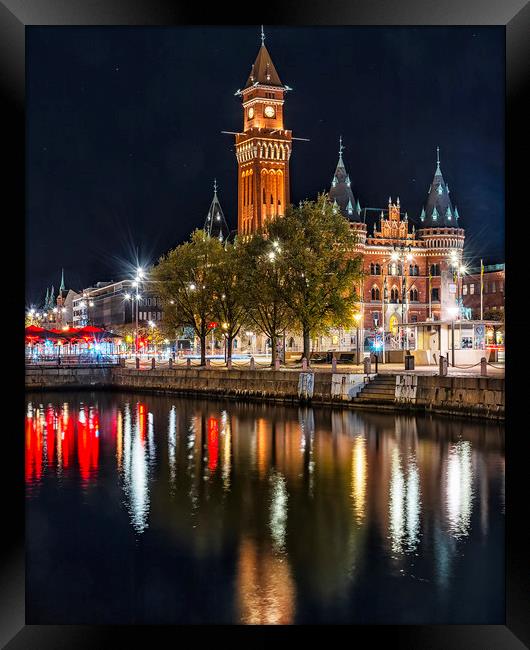Helsingborg Town Hall Nightime With Reflection Framed Print by Antony McAulay