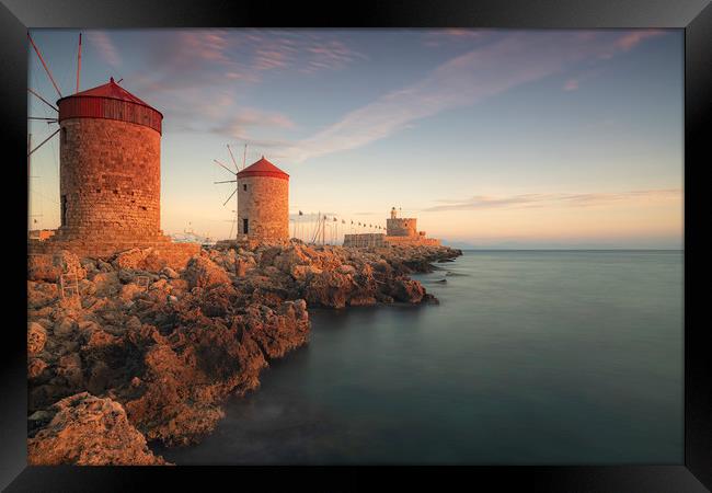 Rhodes Windmills and Fort at Sunrise Framed Print by Antony McAulay