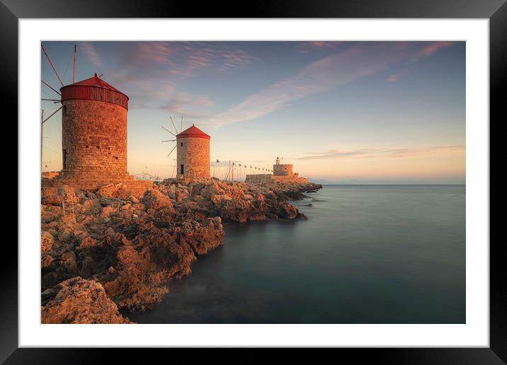 Rhodes Windmills and Fort at Sunrise Framed Mounted Print by Antony McAulay