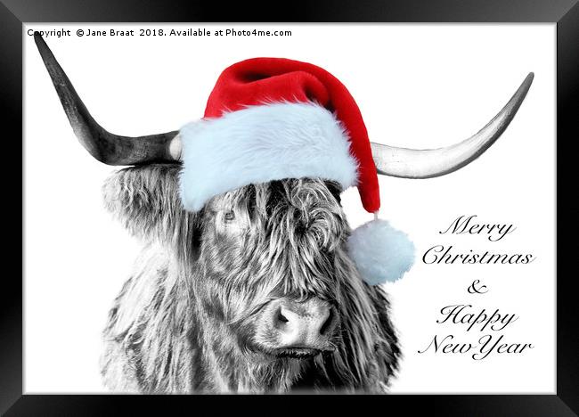 Festive Highland Cow Framed Print by Jane Braat