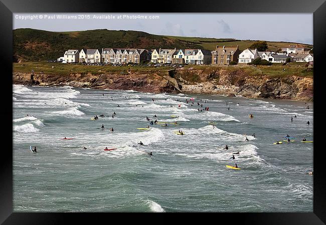  Polzeath Village with Surfers Framed Print by Paul Williams