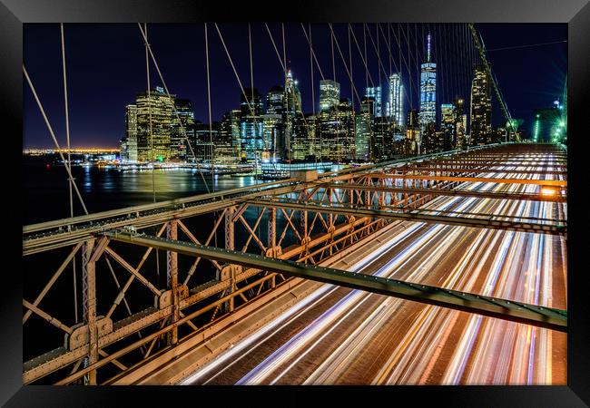 Brooklyn Bridge New York City At Night Framed Print by Chris Curry