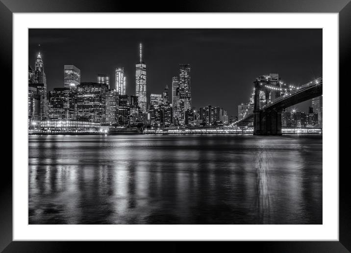 New York Skyline & Brooklyn Bridge Black & White Framed Mounted Print by Chris Curry