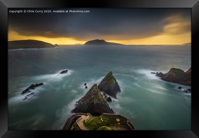 Dunquin Pier Sunset Storm Dingle Peninsula County Kerry Ireland Framed Print by Chris Curry