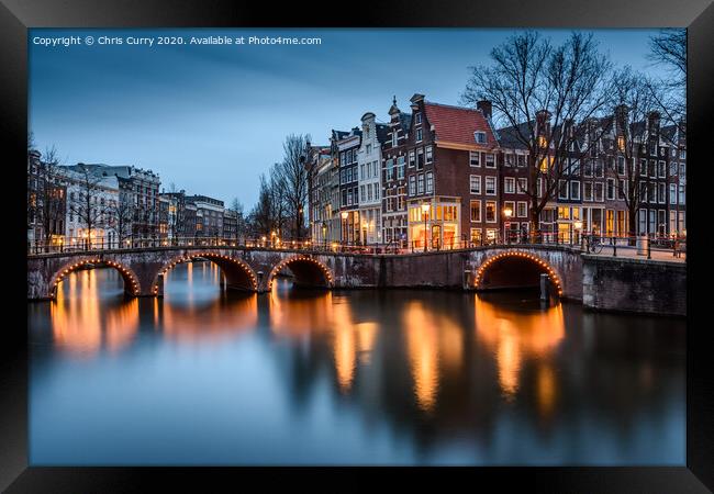 Amsterdam City Lights At Twilight Keizersgracht Canal Framed Print by Chris Curry