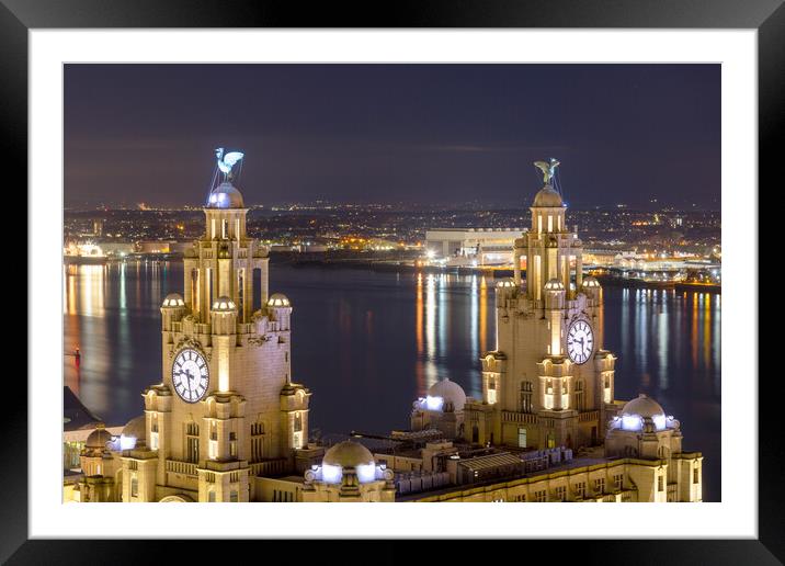 Royal Liver Building, Liverpool at Night Framed Mounted Print by Dave Wood