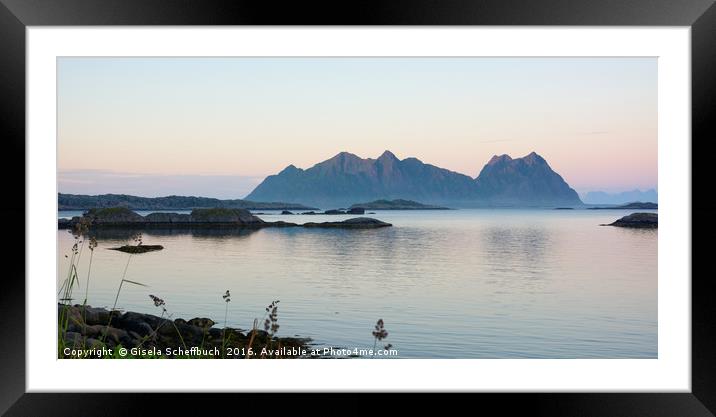 Smooth night light - summer midnight in Svolvær  Framed Mounted Print by Gisela Scheffbuch