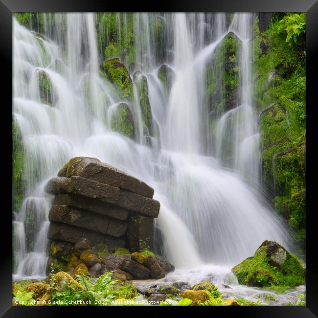 Artificial Waterfall in the mountain park Wilhelms Framed Print by Gisela Scheffbuch