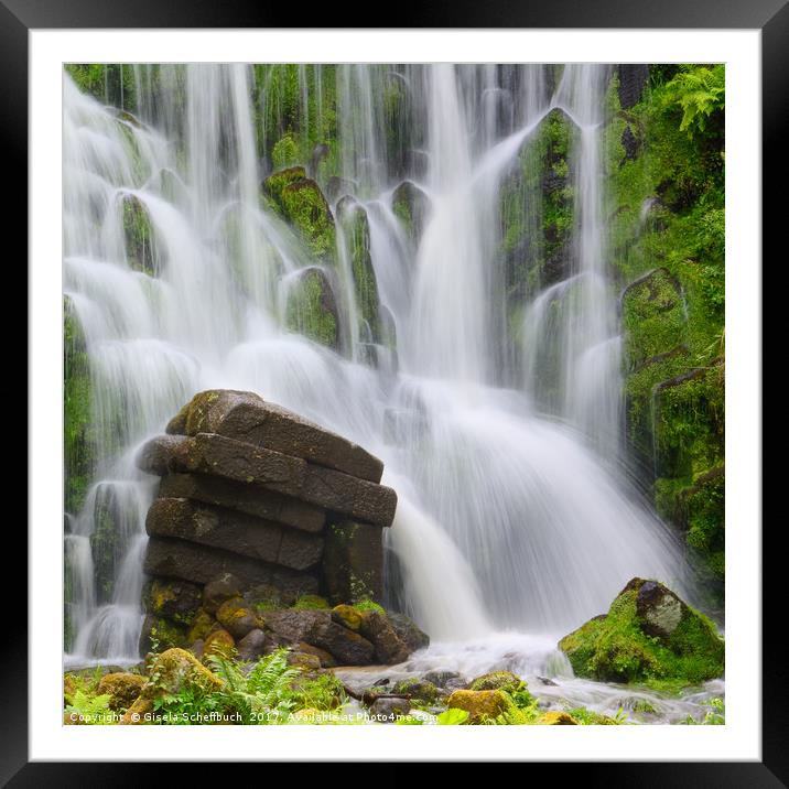 Artificial Waterfall in the mountain park Wilhelms Framed Mounted Print by Gisela Scheffbuch