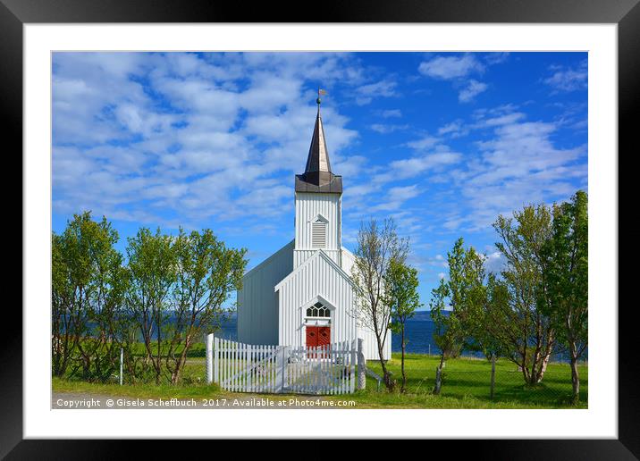 White Norwegian Village Church Framed Mounted Print by Gisela Scheffbuch