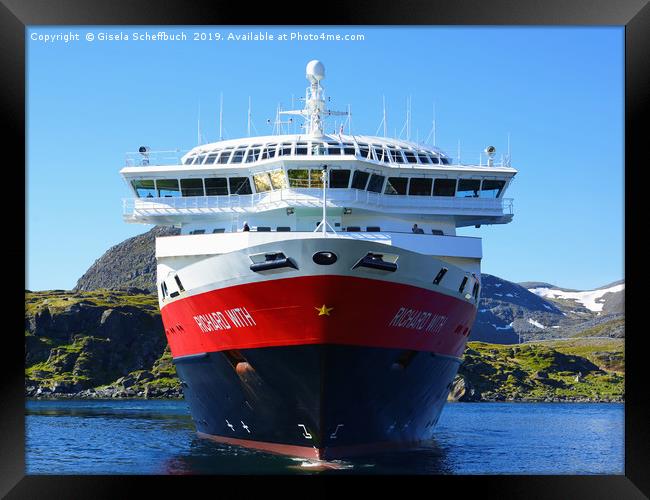 Hurtigruten Ship Far in the North Framed Print by Gisela Scheffbuch