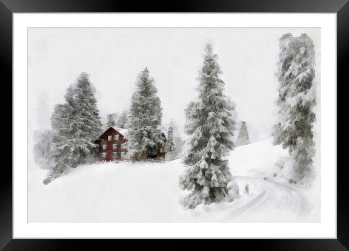 Winter landscape aquarell painting Framed Mounted Print by Matthias Hauser