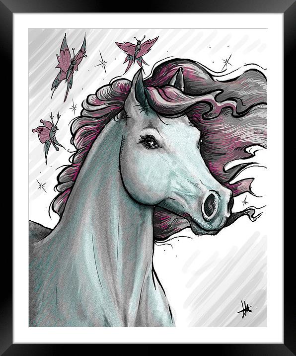 Digital Horse & Butterly Drawing Framed Mounted Print by Heather Wise