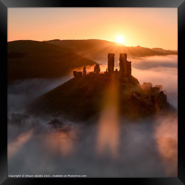 Magical misty morning at Corfe castle  Framed Print by Shaun Jacobs