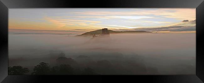 Corfe Castle in the Mist Framed Print by Shaun Jacobs