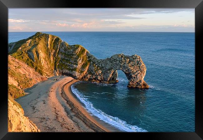 Durdle Door on a summer evening  Framed Print by Shaun Jacobs