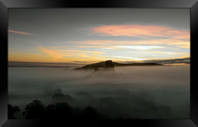 Corfe castle in the mist  Framed Print by Shaun Jacobs