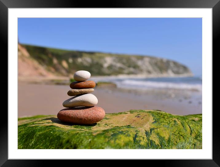 Pebbles Stacked on the beach in Swanage Dorset  Framed Mounted Print by Shaun Jacobs