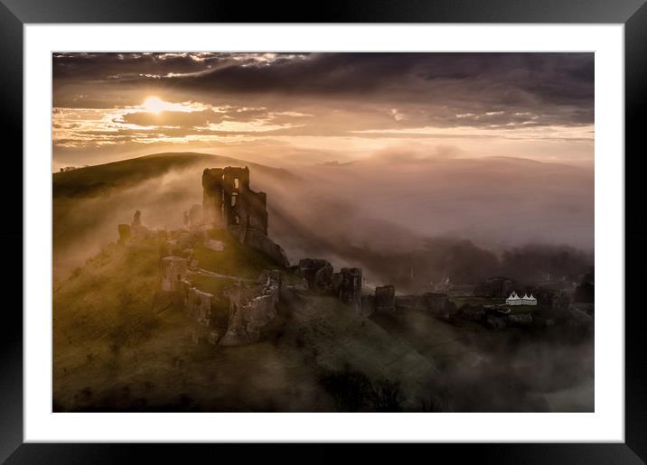 Corfe Castle misty sunrise  Framed Mounted Print by Shaun Jacobs