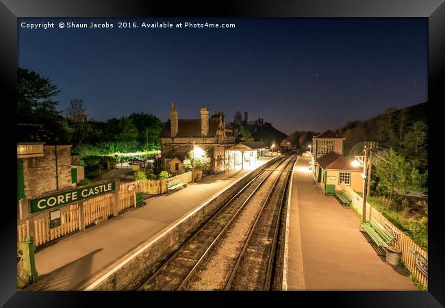 Corfe castle train station by night  Framed Print by Shaun Jacobs