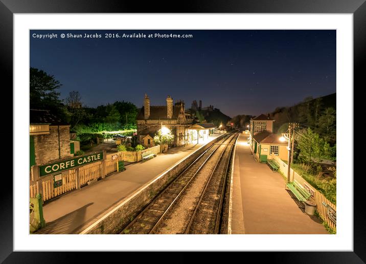 Corfe castle train station by night  Framed Mounted Print by Shaun Jacobs