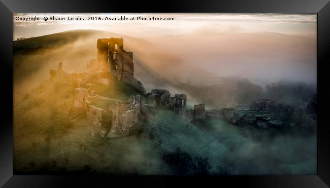 Corfe castle misty morning  Framed Print by Shaun Jacobs