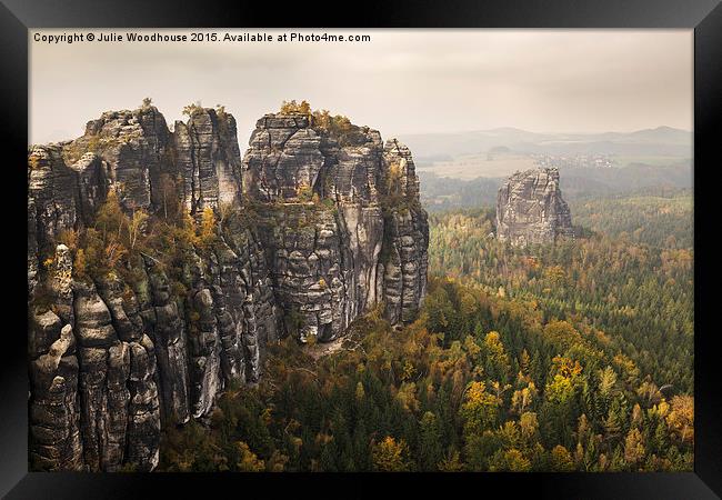 view of the Schrammstein rocks in the Elbe Sandsto Framed Print by Julie Woodhouse