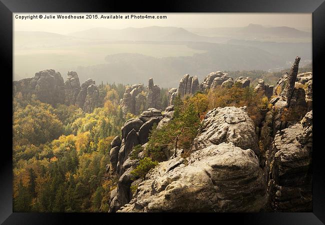 view of the Schrammstein rocks in the Elbe Sandsto Framed Print by Julie Woodhouse