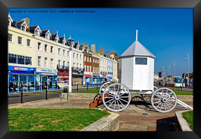 Replica bathing machine  at Weymouth, Dorset, Engl Framed Print by Andrew Harker