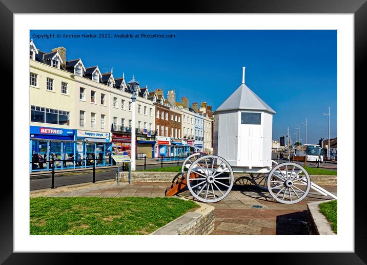 Replica bathing machine  at Weymouth, Dorset, Engl Framed Mounted Print by Andrew Harker