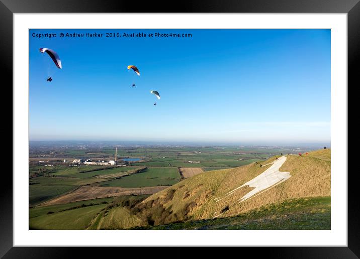 Paragliders, Westbury White Horse, Wiltshire, UK Framed Mounted Print by Andrew Harker